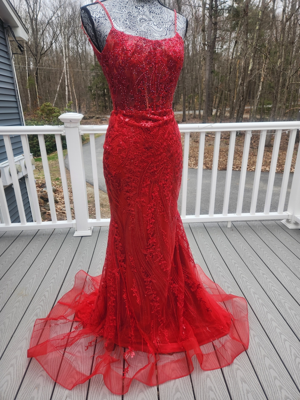 Sherri Hill Red Beaded Lace Formal Prom Gown